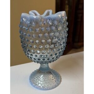 Vintage Duncan Miller Blue Opalescent Footed‎ Hobnail Ivy Rose Bowl Vase